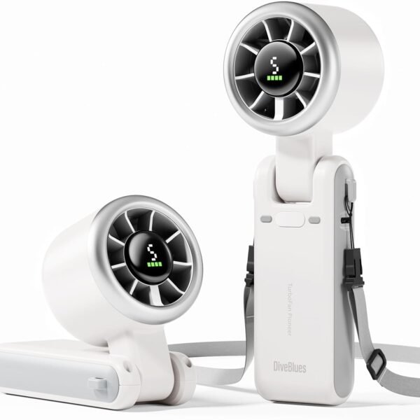 Diveblues Portable Handheld Turbo Fan. 5 Gear Wind. Battery Operated. Up to 12 Working Hours. 3 IN 1 Hand Fan with Air Turbo Tech Cooling Fan for Outdoor Activities. Travel. Working