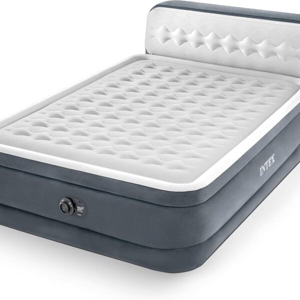 Intex 64447ED Dura-Beam Deluxe Ultra Plush Air Mattress with Headboard: Fiber-Tech – Queen Size – Built-in Electric Pump – 18in Bed Height – 600lb Weight Capacity