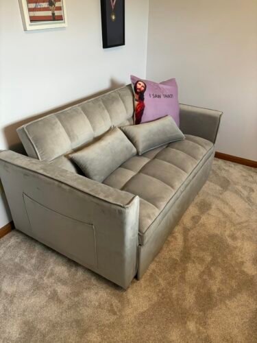 54.8'' Sleeper Sofa Bed 3-in-1 Convertible Couch with Pullout Bed. Reclining Backrest. Storage Pockets – Modern Space Lounge Furniture for Living Room. Includes Toss Pillows.Beige photo review