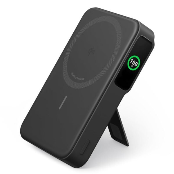 Anker MagGo Power Bank. Qi2 Certified 15W Ultra-Fast MagSafe-Compatible Portable Charger. 10.000mAh Battery Pack with Smart Display & Foldable Stand. For iPhone 15/14/13 Only (USB-C Cable Included)