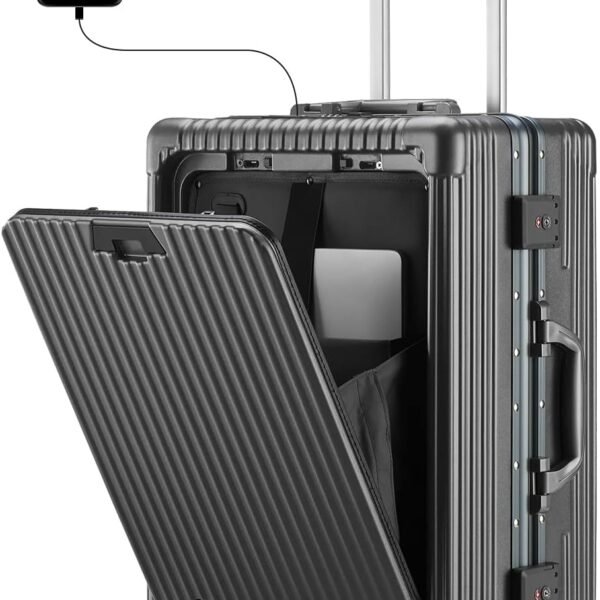 Versatile Aluminum Frame Carry-On Luggage with USB Charging Port. Front Compartment. TSA Lock. Airline Approved Carry On Hardside Suitcase with Spinner Wheels (Grey. 20inch)
