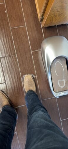 Automatic Shoe Cover Dispenser Machine with 500-Use Film Roll. Professional Shoe Film System for US Size 11. Silver Modern Shoe Cover Machine for Home/Office/Hospital/Lab (High Adsorption PE Film) photo review