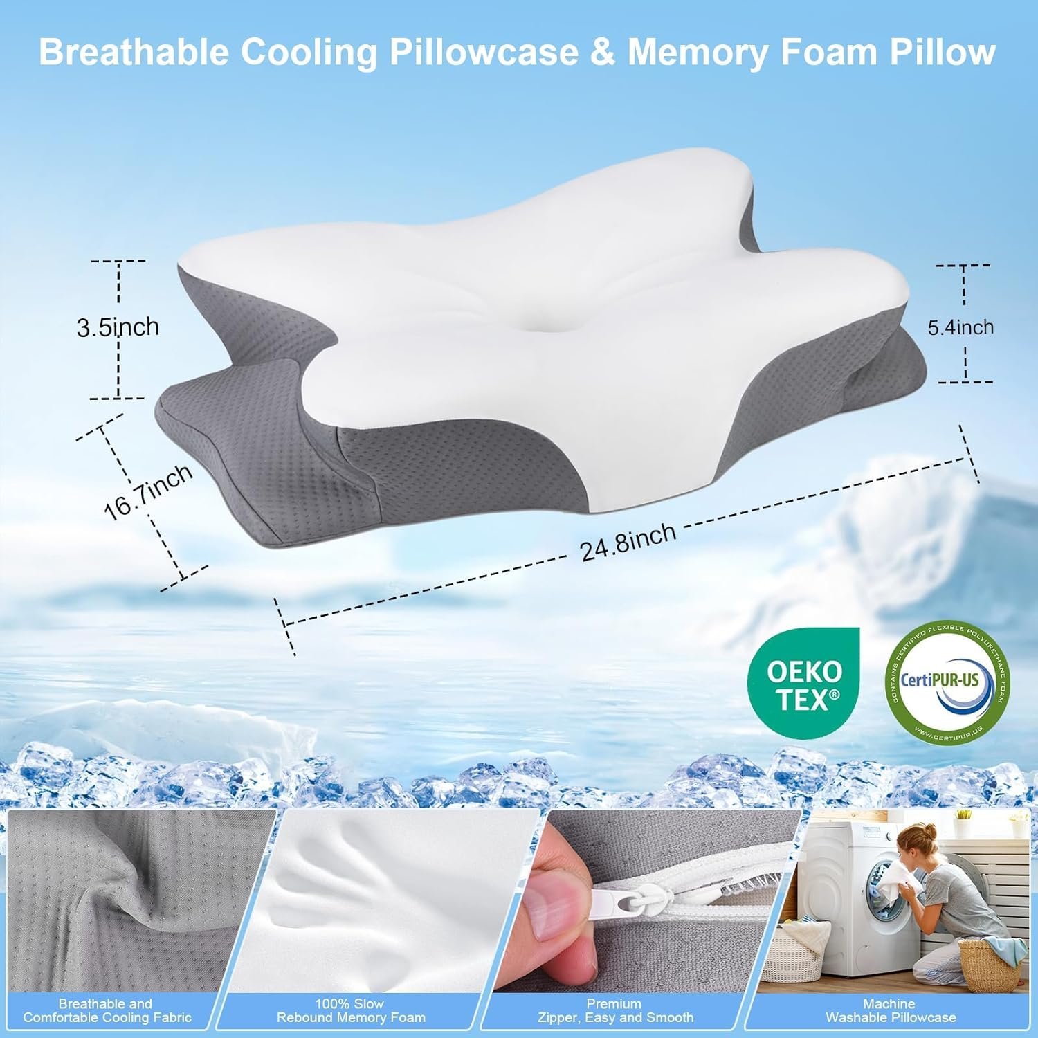 Memory Foam Pillows. Ergonomic Pillow for Neck Pain Relief. Bed Pillow for Sleeping. Cervical Neck Pillow for Side. Back. Stomach Sleeper with Cool Pillowcase. Side Sleeper Pillows for Adults - Image 3