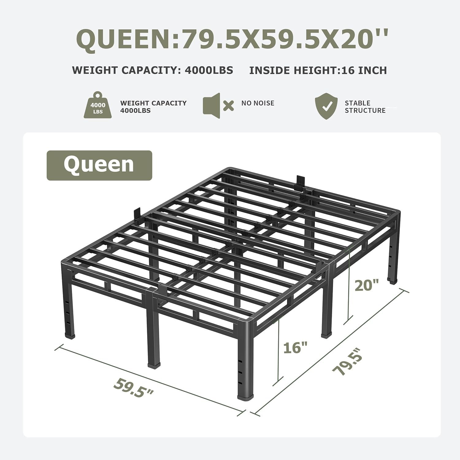 NKZ Queen Size Bed Frame 20 Inch. Metal Bed Frame & Box Spring 2 in 1 Platform with Round Corner Legs. 4000lbs Weight Capacity Reinforced Metal Frame. Headboard Hole. Noise-Free. Easy Assembly - Image 2