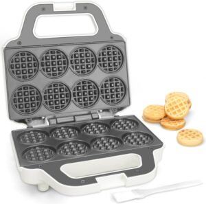 Mini Waffle Maker Machine. Tiny Waffle Bites Iron for Kids. Bake 8 x 2'' Tiny Waffle Bites. Small Waffle Maker. Compact & Easy Use. Non Stick Surface. Recipe Included. White