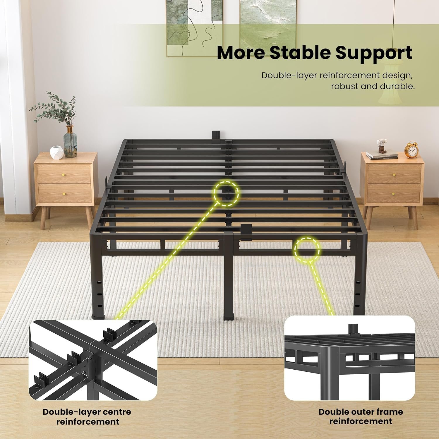 NKZ Queen Size Bed Frame 20 Inch. Metal Bed Frame & Box Spring 2 in 1 Platform with Round Corner Legs. 4000lbs Weight Capacity Reinforced Metal Frame. Headboard Hole. Noise-Free. Easy Assembly - Image 5