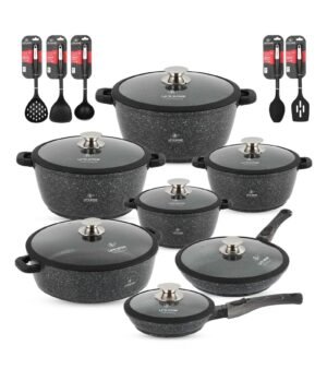 Cookware Set 29 pieces with Multiple Layer Granite Coating and Silicone Handles